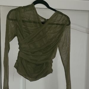 Fashion Nova Olive Green Sheer Ruched Long Sleeve Top
